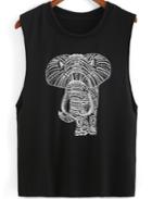 Shein Black Round Neck Elephant Print Tank Top