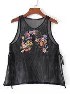 Shein Embroidery Lace Up Side Mesh Tank Top