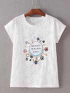 Shein White Round Neck Hollow Printed T-shirt