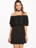 Shein Black Polka Dot Print Off The Shoulder Ruffle Dress