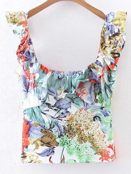 Shein Tropical Print Scoop Neckline Frill Top