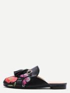 Shein Black Pu Embroidered Patch Tassel Flat Slippers