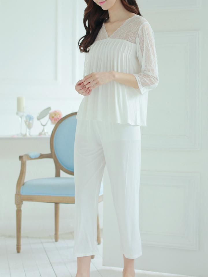 Shein Lace Insert Pleated Top & Pants Pj Set