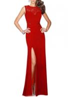 Rosewe Slit Design Lace Splicing Red Maxi Dress