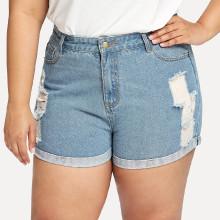 Shein Plus Roll-up Ripped Denim Shorts