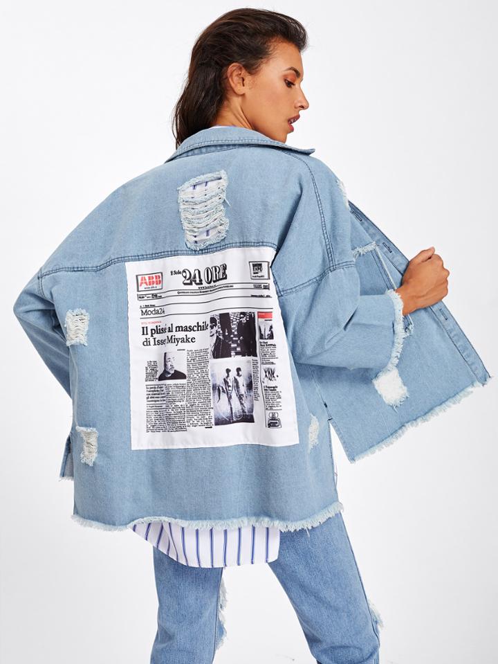 Shein Frayed Trim Patch Back Distressed Jacket