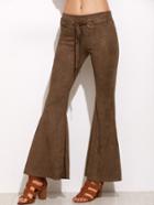 Shein Brown Faux Suede Belted Flare Pants