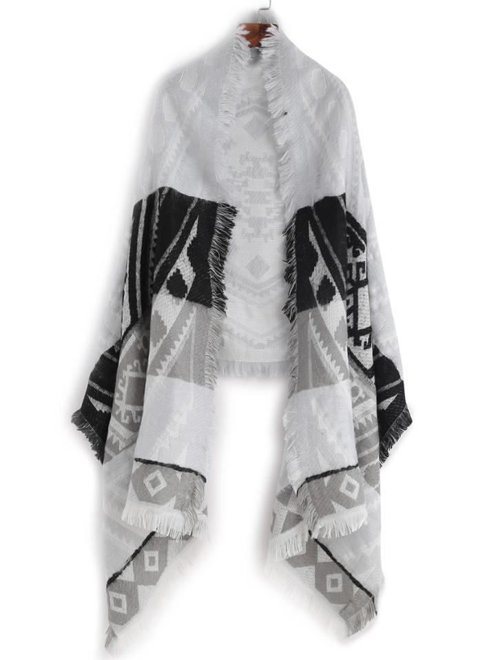 Shein Grey And Black Tribal Print Fringe Shawl Scarf