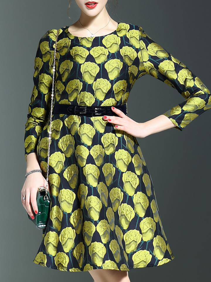 Shein Yellow Print Pockets Belted A-line Dress