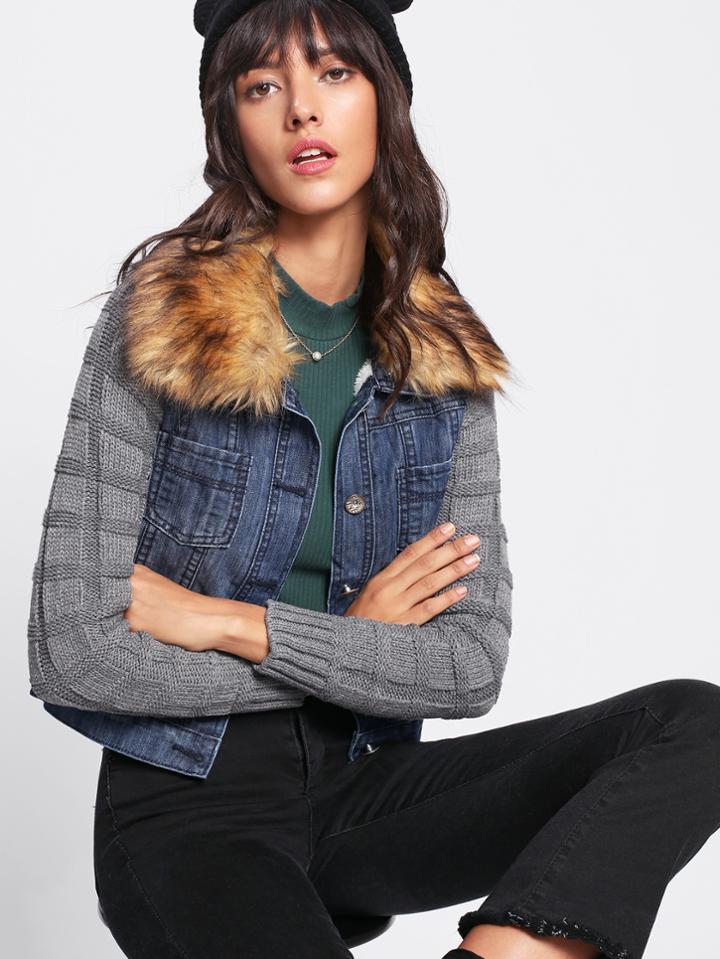 Shein Faux Fur Collar Knit Sleeve Denim Jacket