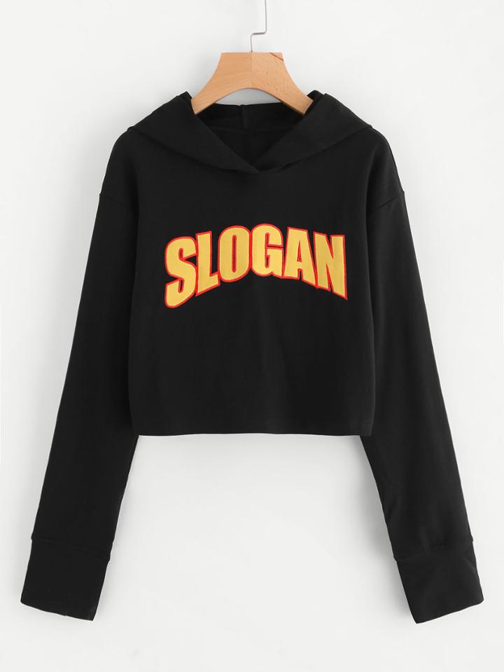 Shein Split Cuff Embroidered Crop Hoodie