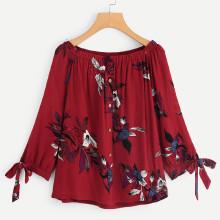 Shein Off Shoulder Floral Print Tie Cuff Blouse