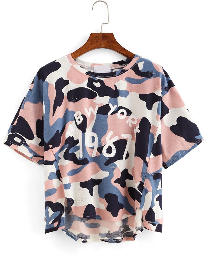 Shein Letter Print High-low Camouflage T-shirt - Pink