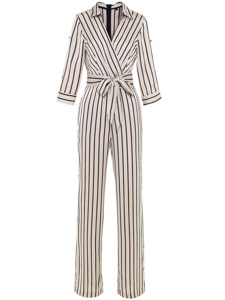 Shein V Neck Striped Tie-waist Jumpsuit