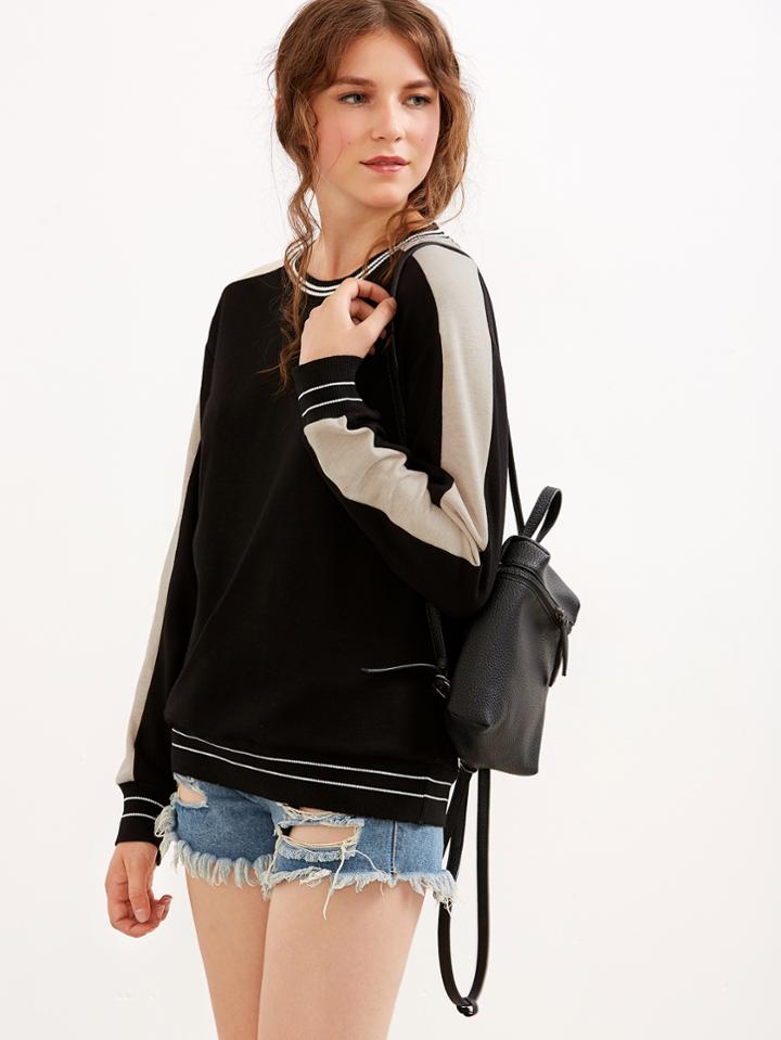 Shein Black Striped Trim Contrast Panel Sweatshirt
