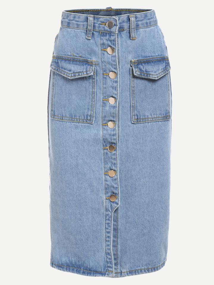 Shein Buttoned Front Denim Pencil Skirt - Light Blue