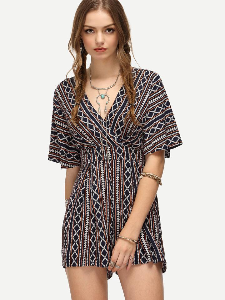 Shein Geometric Vintage Print V Neck Jumpsuit