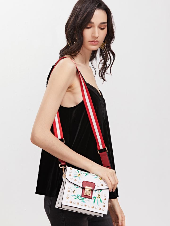 Shein White Flower Embroidered Studded Wide Strap Box Bag