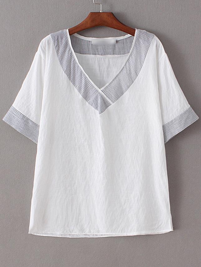 Shein White V-neck Striped Trimed Casual Blouse