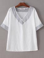 Shein White V-neck Striped Trimed Casual Blouse