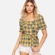 Shein Self Belted Ruffle Embellished Plaid Top