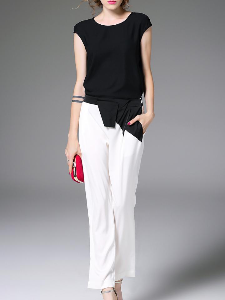 Shein Black White Sleeveless Top With Pockets Pants