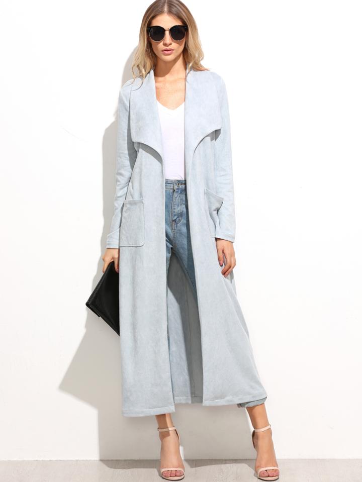 Shein Blue Suede Drape Collar Coat With Pocket