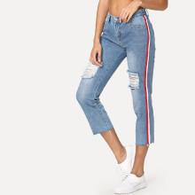 Shein Stripe Tape Side Ripped Jeans