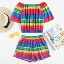 Shein Off Shoulder Striped Top With Shorts