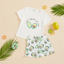 Shein Girls Fruit And Letter Print Top & Shorts Set
