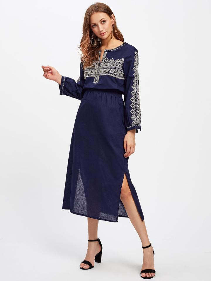 Shein Split Side Tribal Embroidered Blouson Dress