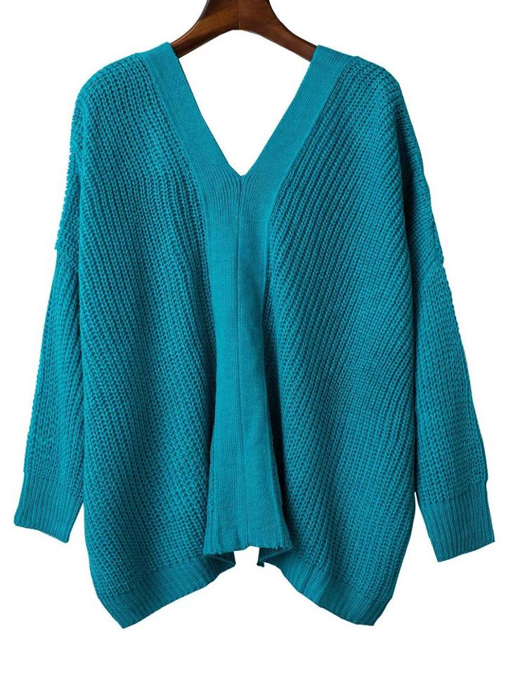 Shein Blue V Neck Lace Up Back Drop Shoulder Sweater