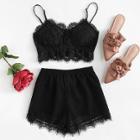 Shein Eyelash Lace Slip Top & Shorts Pajama Set