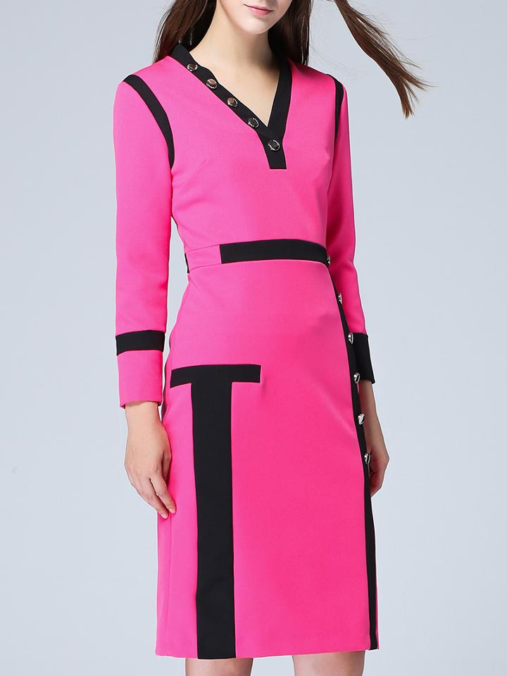 Shein Rose Red V Neck Long Sleeve Dress