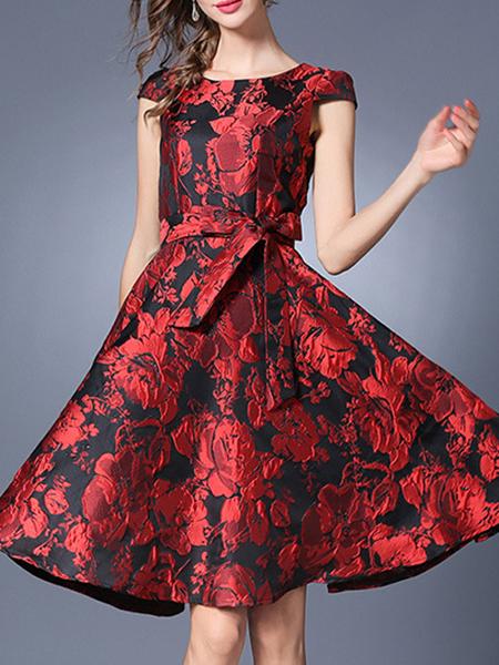 Shein Burgundy Tie-waist Jacquard A-line Dress
