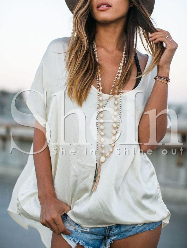 Shein Apricot Scoop Neck Batwing Sleeve Dip Hem Blouse