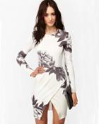 Shein White Long Sleeve Random Floral Print Wrap Dress