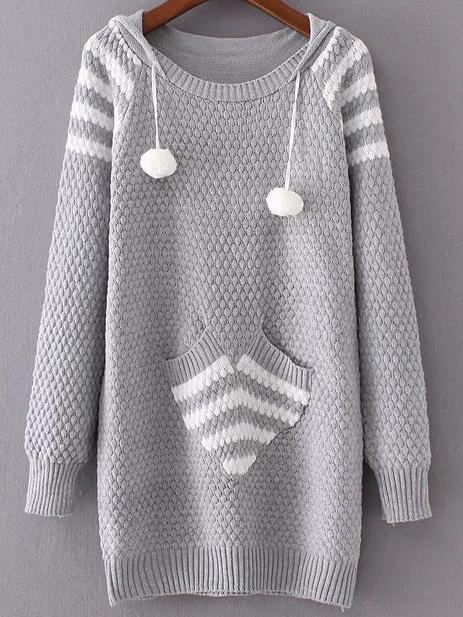 Shein Grey Ribbed Trim Hooded Long Sweater With Pocket