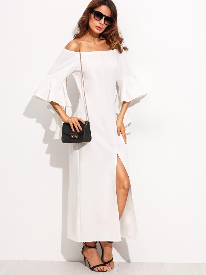 Shein Beige Ruffle Sleeve Off The Shoulder Long Dress