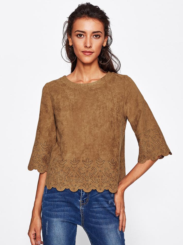 Shein Scallop Laser Cut Suede Top
