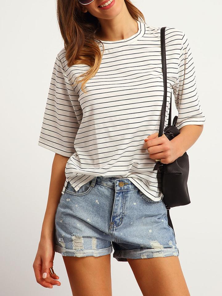 Shein Elbow Sleeve Striped Loose T-shirt