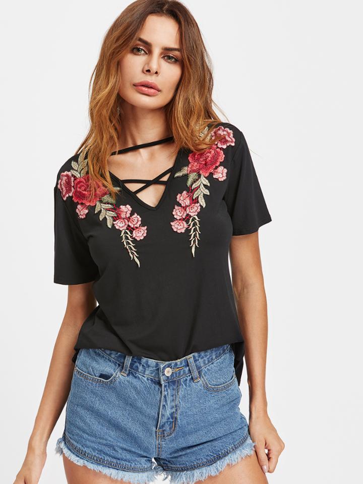 Shein Crisscross V Neck Rose Patch Tee