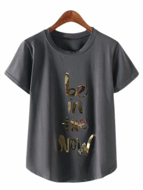Shein Dark Grey Letter Sequined Casual T-shirt