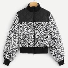 Shein Solid Quilted Yoke Zip Up Leopard Puffer Jacket
