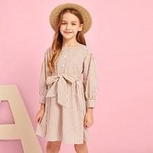 Shein Girls Button Front Tie Waist Striped Dress