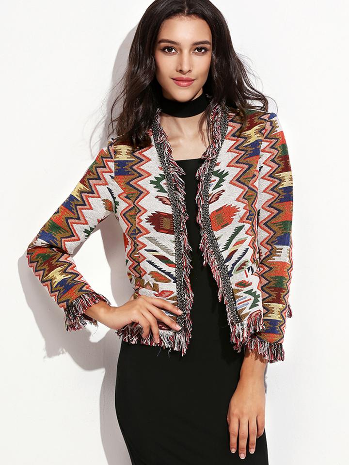 Shein Multicolor Fringe Trim Tribal Jacquard Blazer