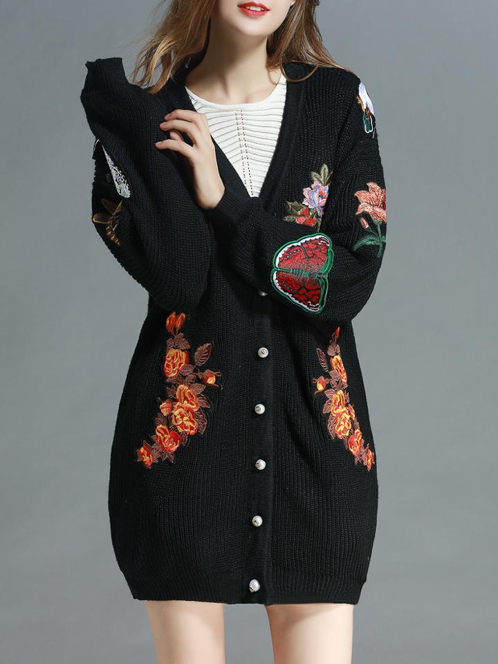 Shein Black V Neck Applique Pouf Knit Coat