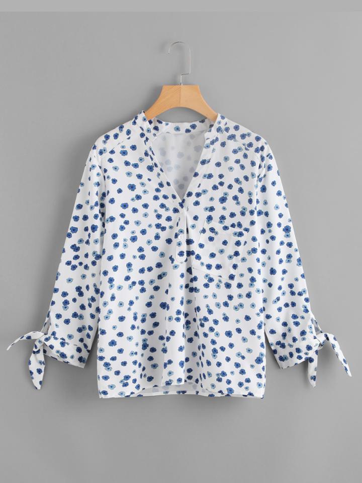 Shein Flower Print Tie Detail V Neck Blouse