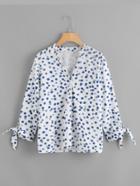 Shein Flower Print Tie Detail V Neck Blouse