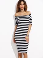Shein Black And White Striped Off The Shoulder Pencil Dress